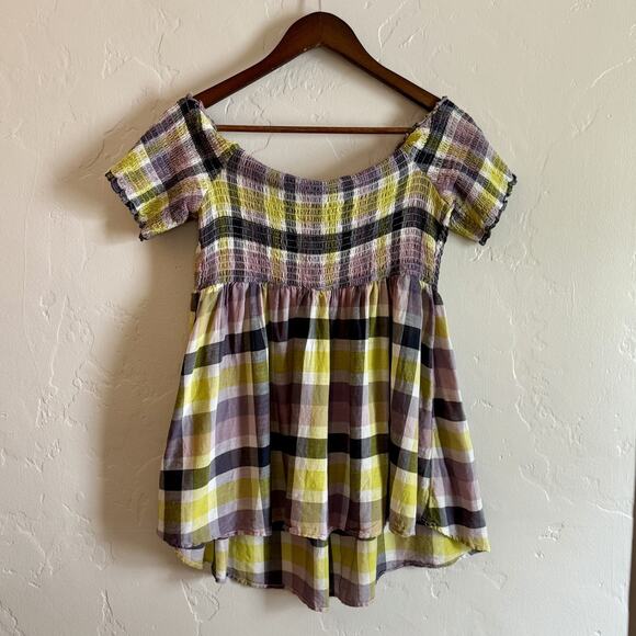 Torrid Size 1 Peplum Gauze Smocked Off-Shoulder Top - Purple Yellow Plaid - Picture 7 of 9